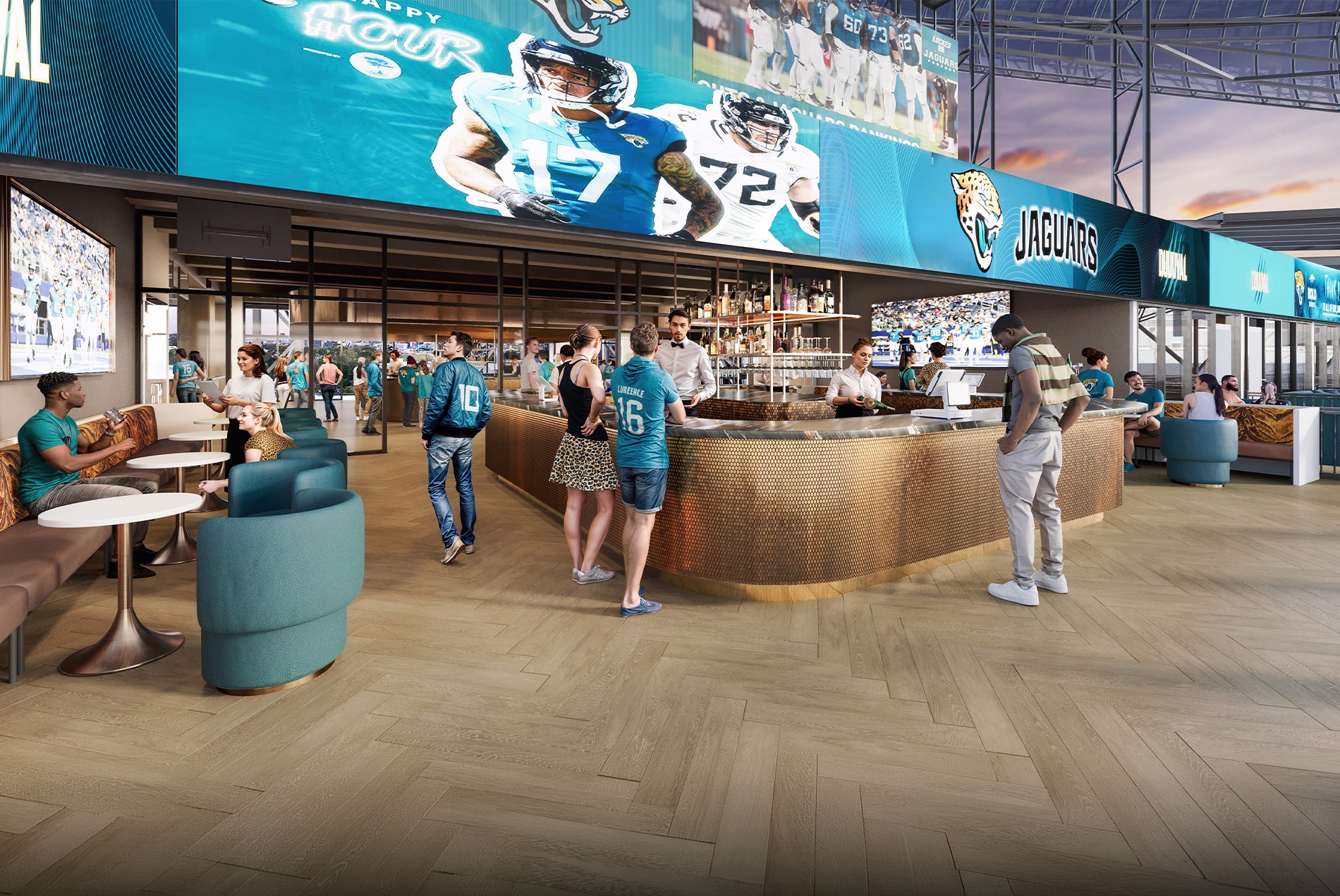 Interior rendering of a bar, suite and lounge space at the NFL Jacksonville Jaguars' Stadium of the Future, designed by HOK.