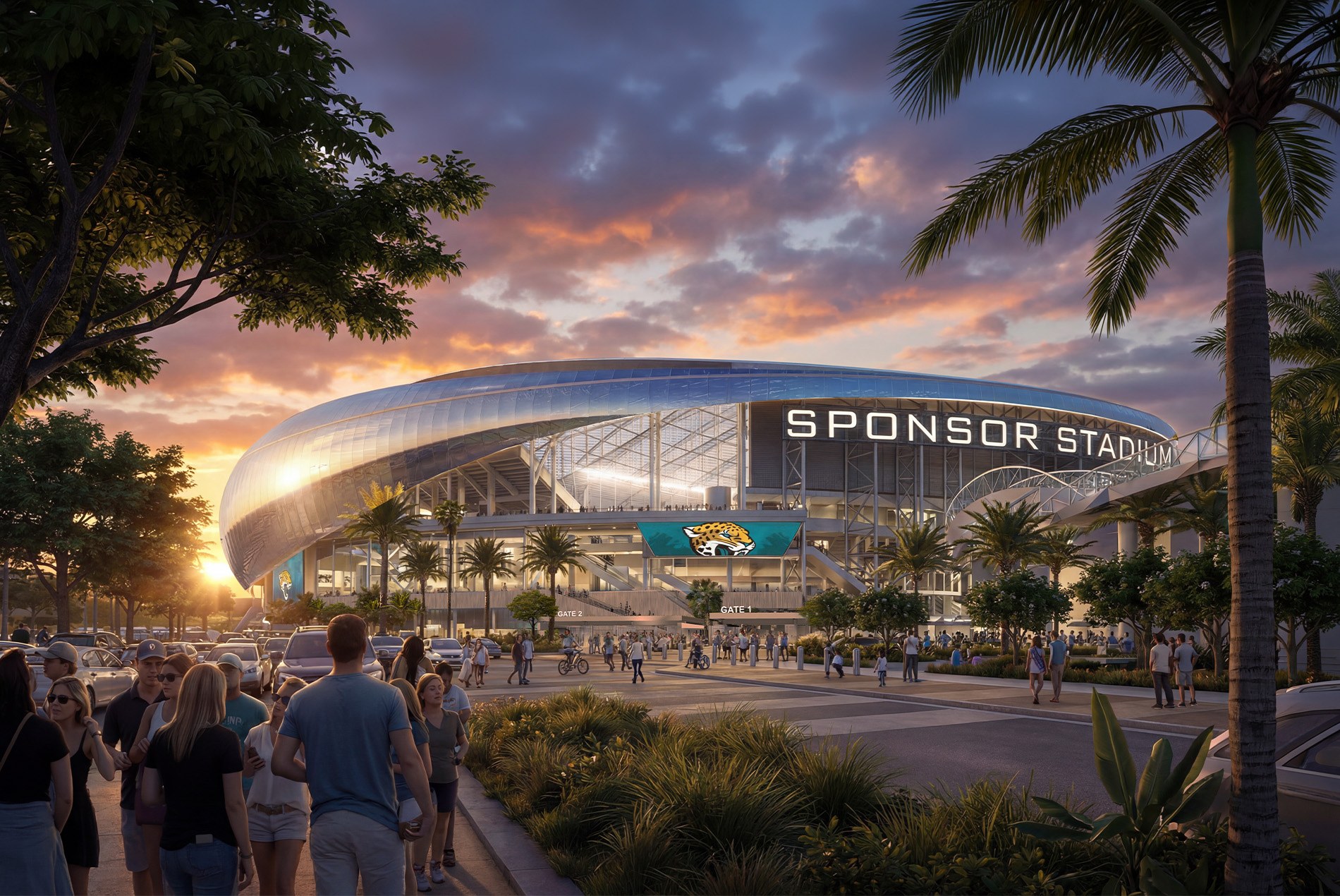 Dusk exterior rendering of the NFL Jacksonville Jaguars' Stadium of the Future designed by HOK