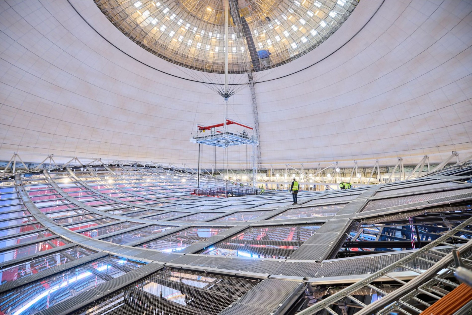 Panel system and rigging grid on the acoustic ceiling at Avicii Arena Stockholm Sweden design by HOK