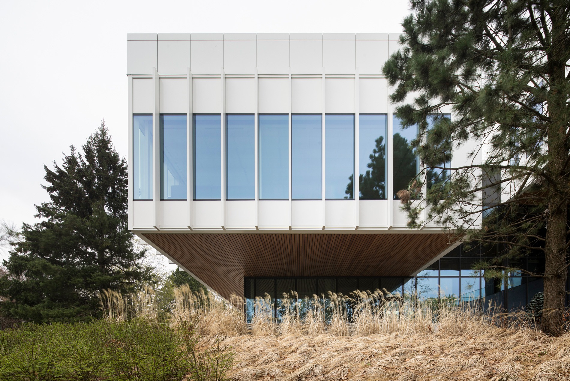 HOK-designed British High Commission exterior of full-length windows and vertical fins to reduce solar heat gain.