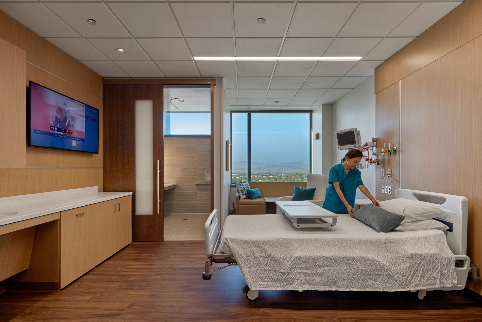 City Of Hope Orange County Interior Patient Room With Ensuite Bathroom