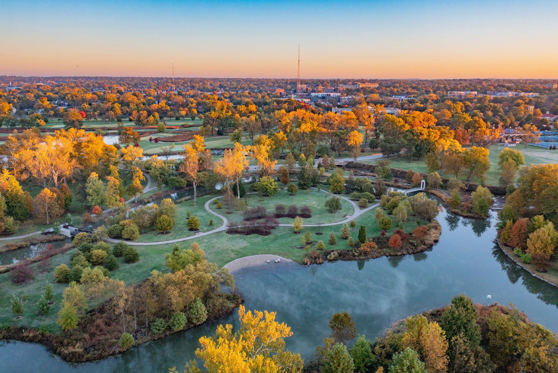 Landscaping, greenery and waterways from the Grand Basin at Forest Park in St. Louis, restored by HOK.