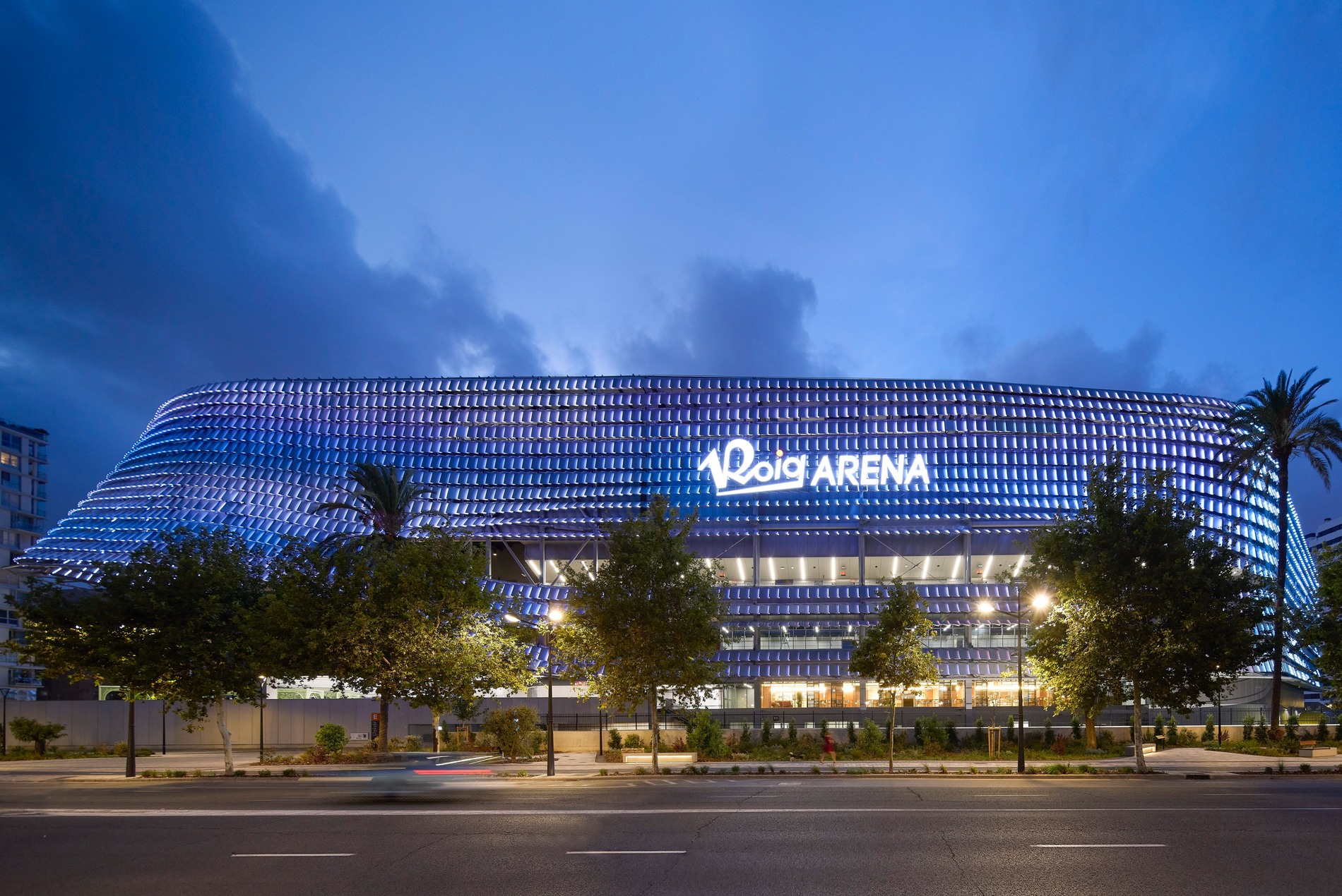 dusk exterior shot of Roig Arena