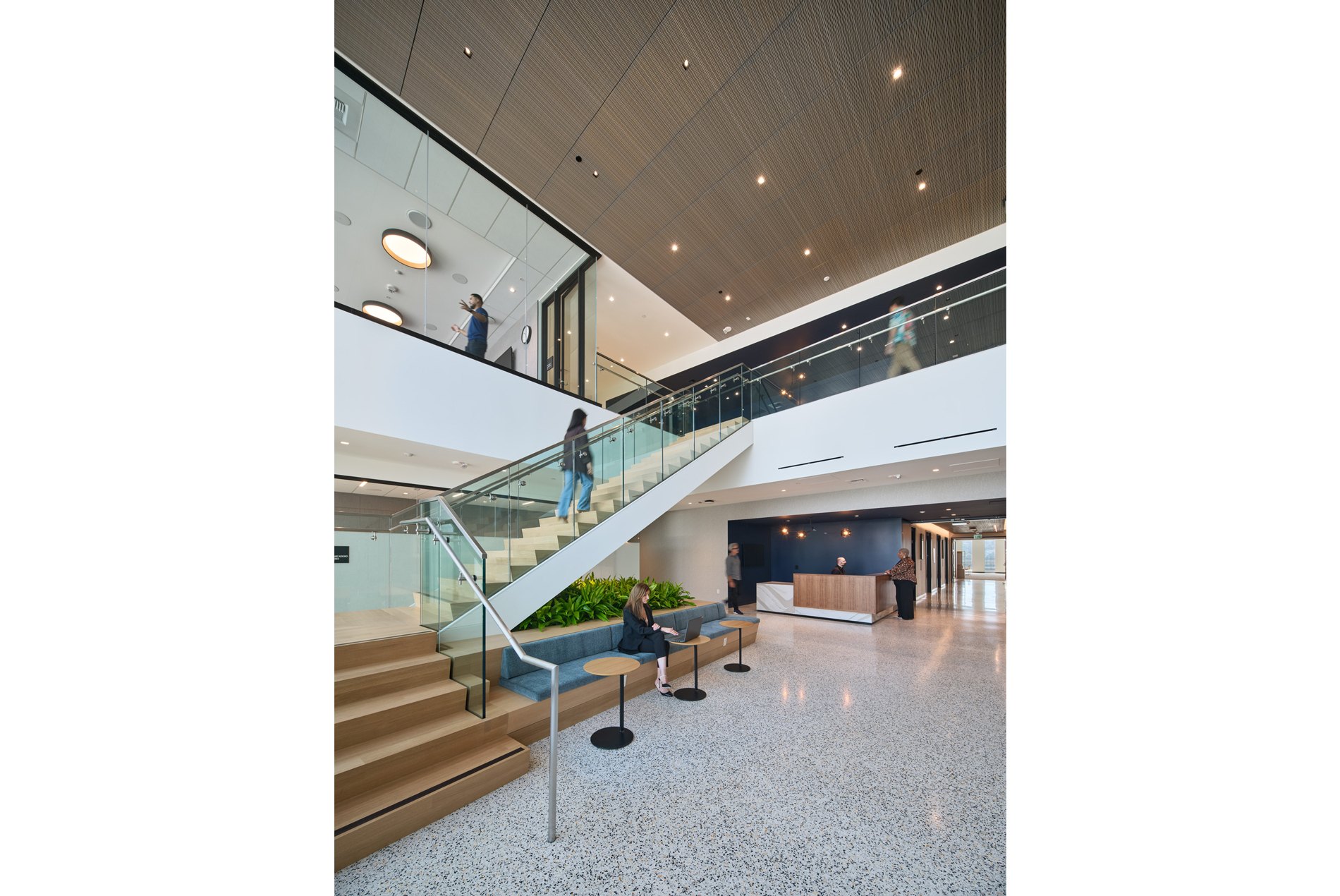 Stairwell and double-height lobby for the HOK-designed executive offices at San Francisco International Airport.