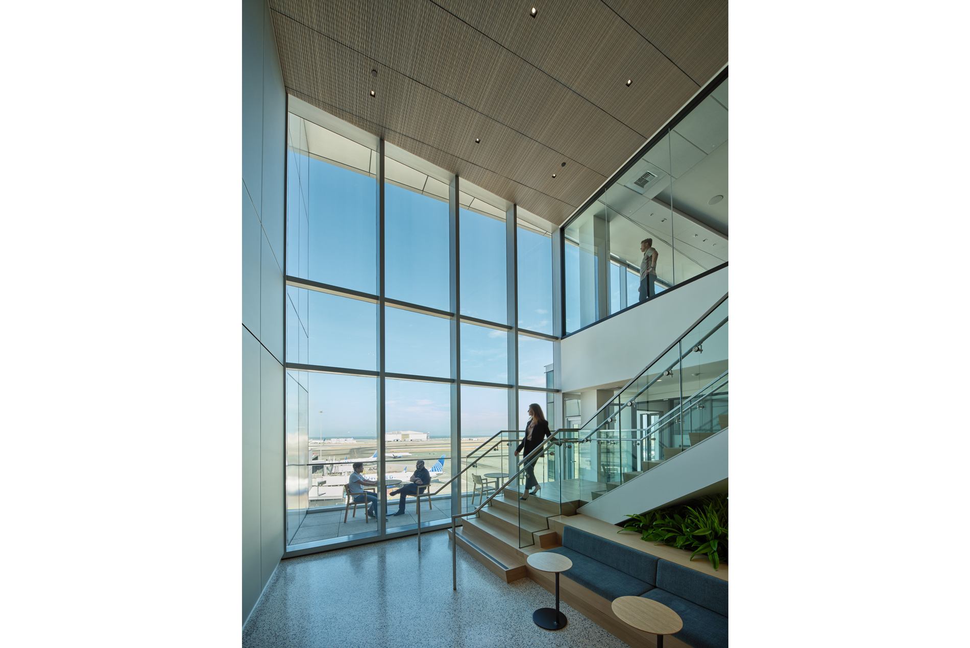 Stairwell and double-height lobby for the HOK-designed executive offices at San Francisco International Airport.