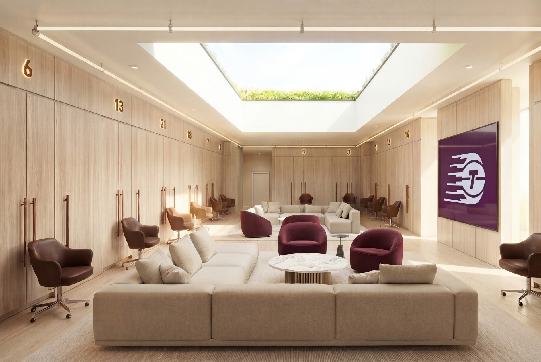 Toronto Tempo Performance Centre locker room with light wood lockers, plush seating and a skylight, designed by HOK.