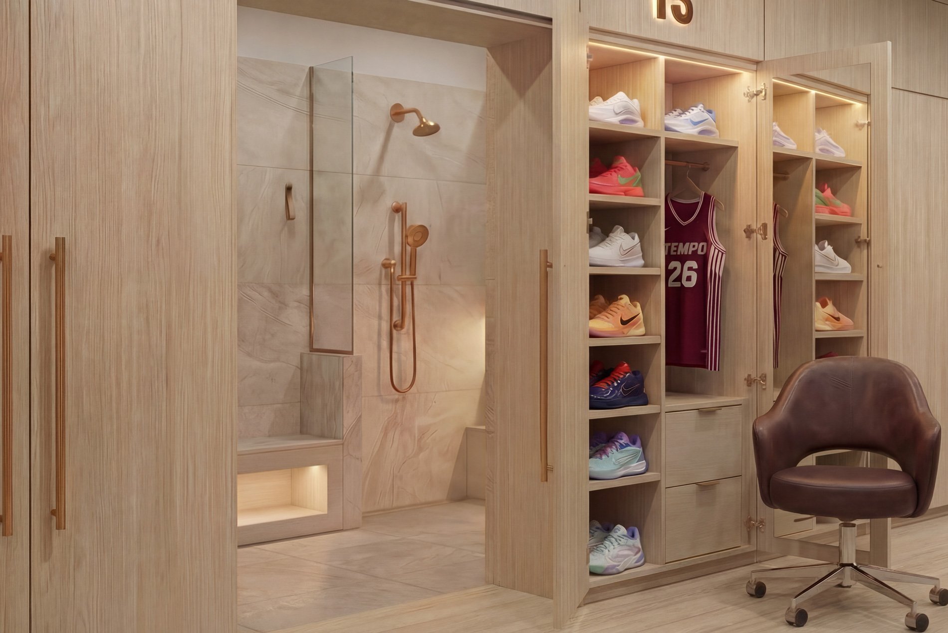 Toronto Tempo Performance Centre locker room with light wood lockers and showers, designed by HOK.