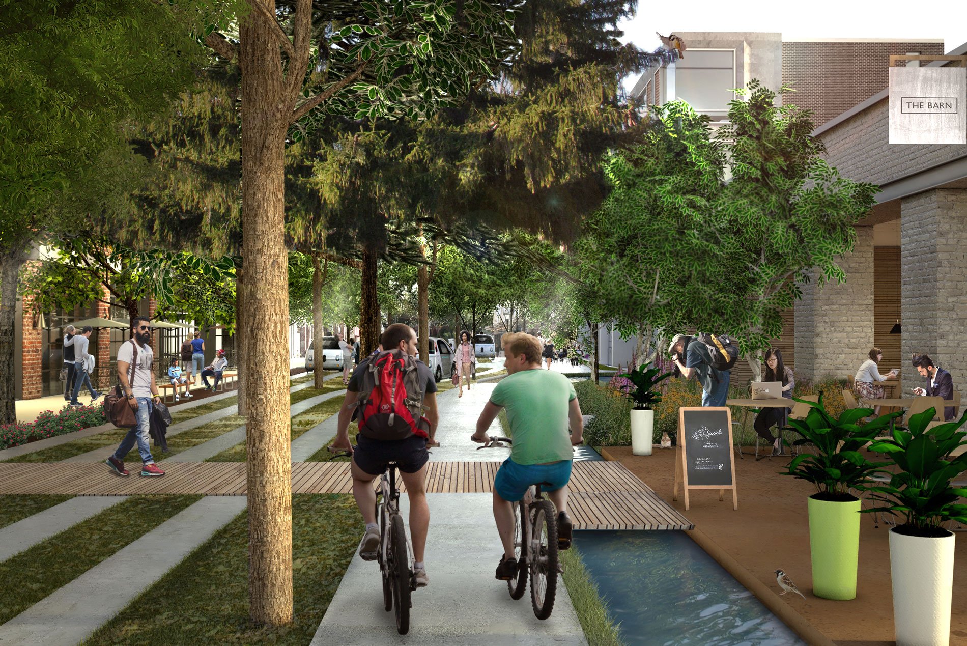 Rendering of cyclists on a green street next to trees, wooden paths, and autonomous vehicles in the distance