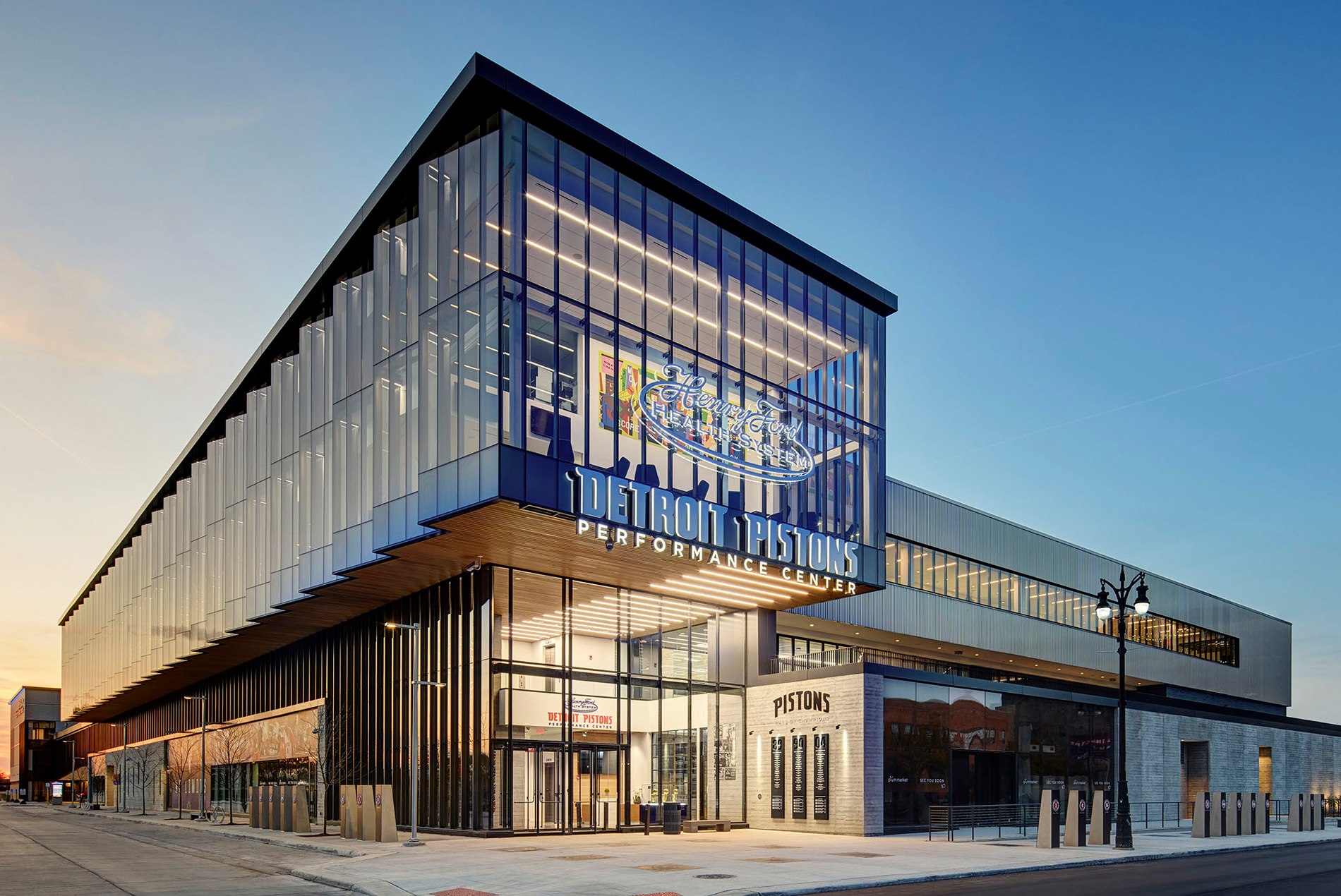 Exterior dusk shot of the Detroit Pistons Performance Center for the NBA Detroit Pistons.