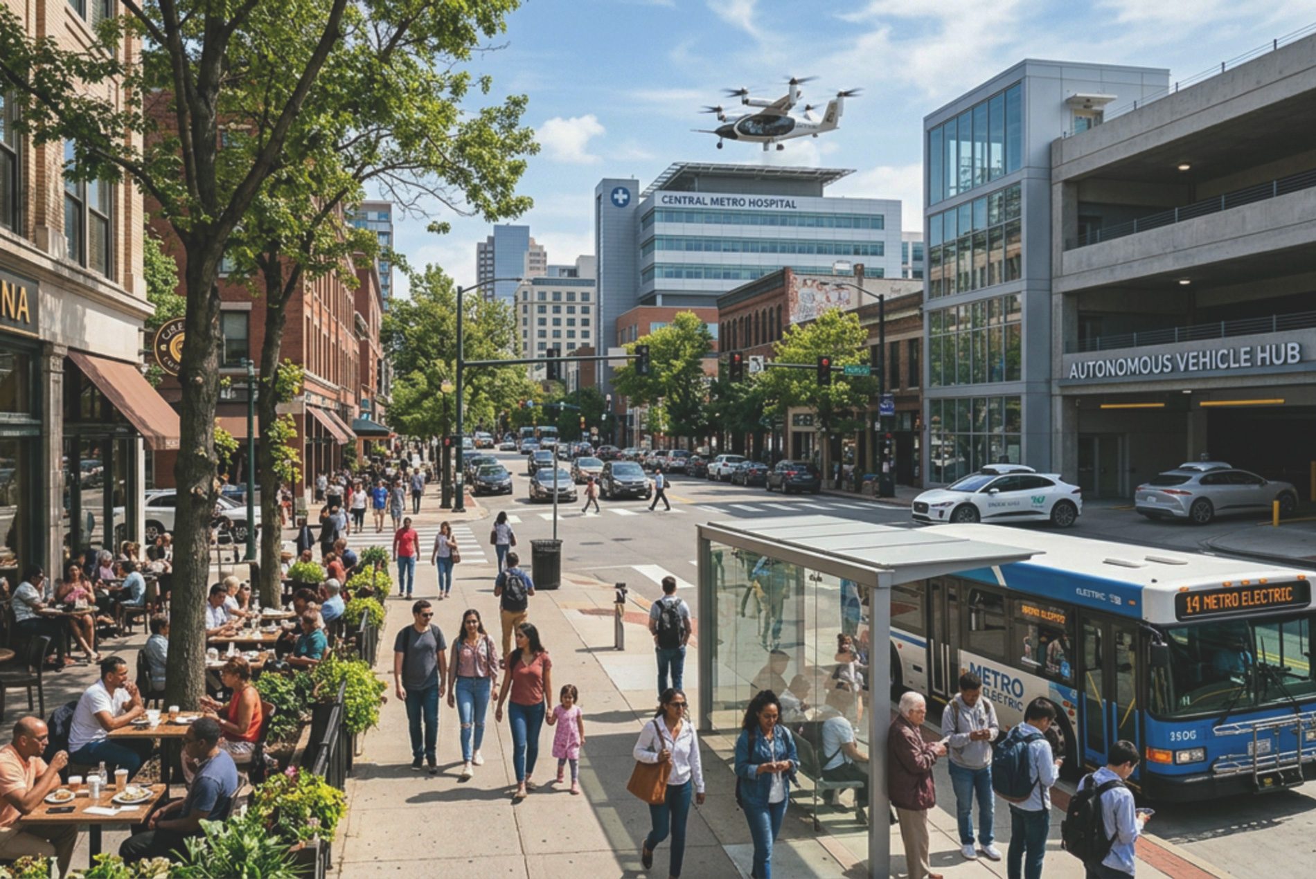 Aerial rendering of a busy street at daytime with cars, autonomous electric buses and aircraft