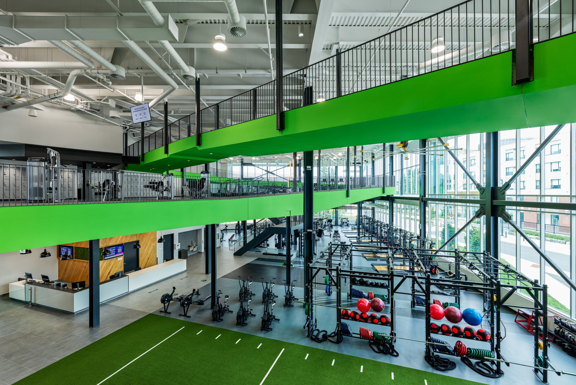 Weights and cycling space at the HOK-designed Algonquin College Jack Doyle Athletics & Recreation Centre