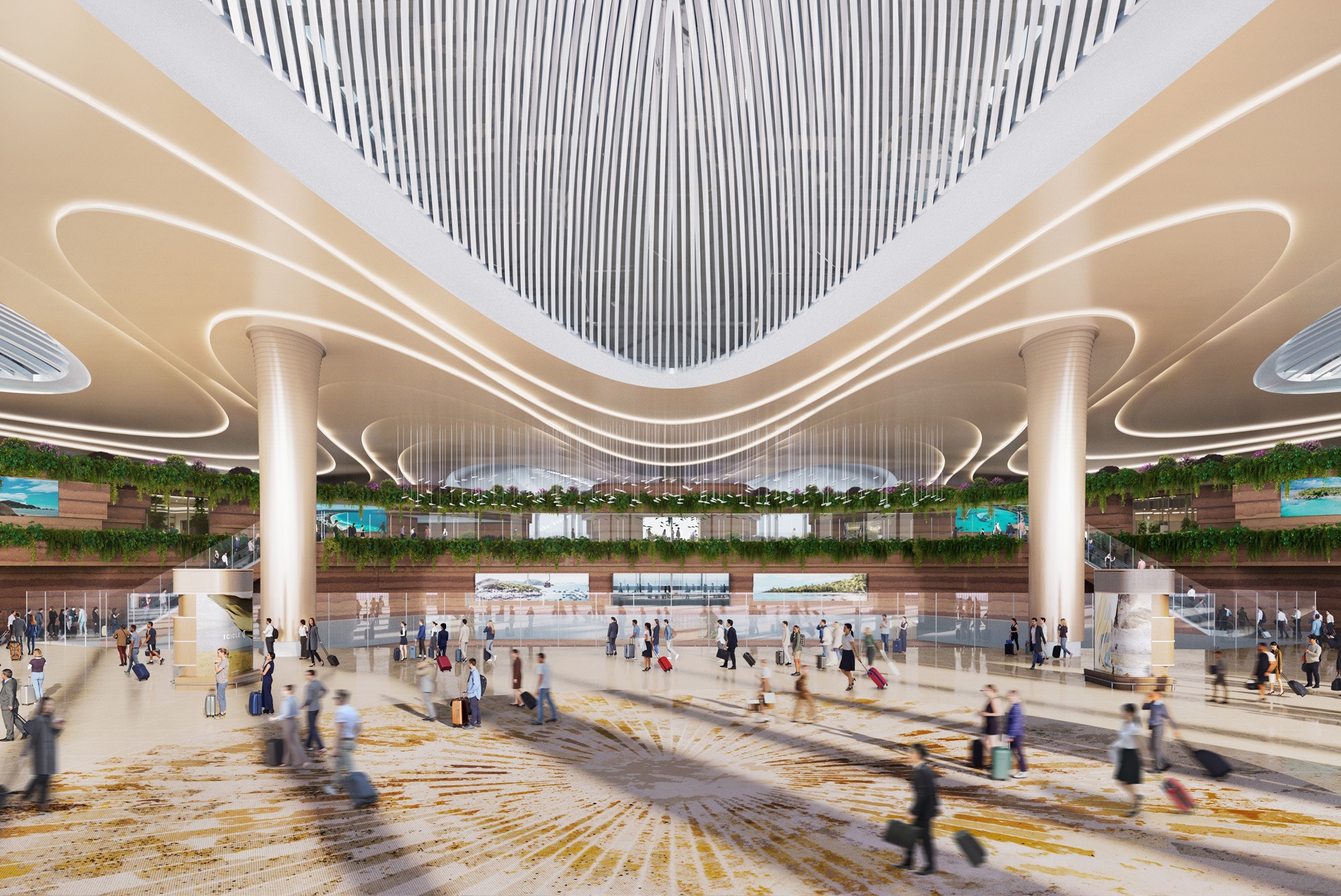 HOK-designed departures hall at Phu Quoc International Airport, with floor-to-ceiling windows, and separate spaces for self-check-in, baggage handling and circulation
