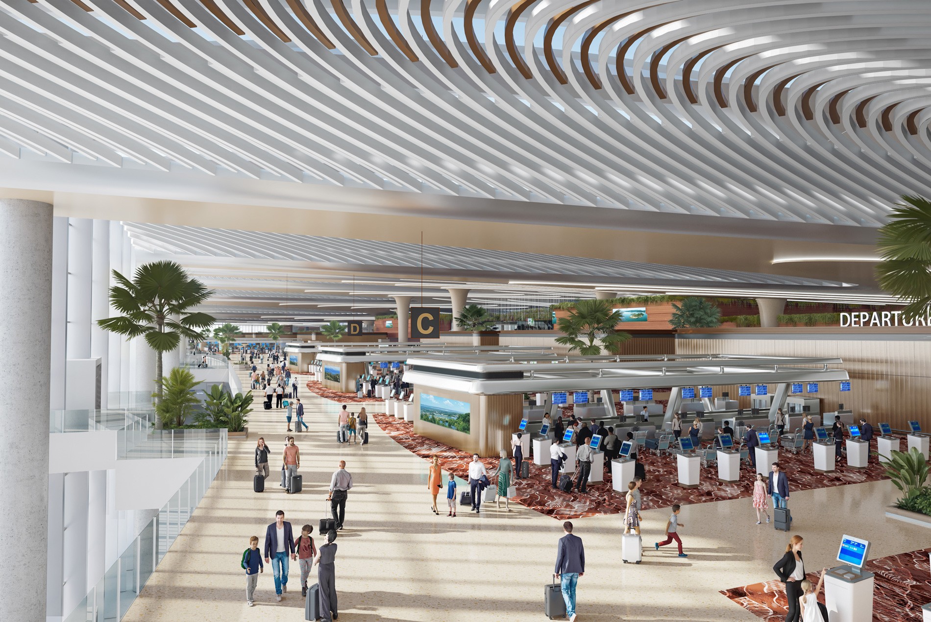 HOK-designed departures hall at Phu Quoc International Airport, with floor-to-ceiling windows, and separate spaces for self-check-in, baggage handling and circulation