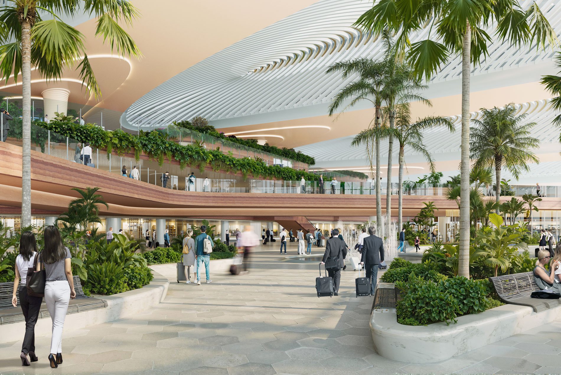 HOK-designed grand hall at Phu Quoc International Airport, with balconies, lush landscaping, water features and floor-to-ceiling windows