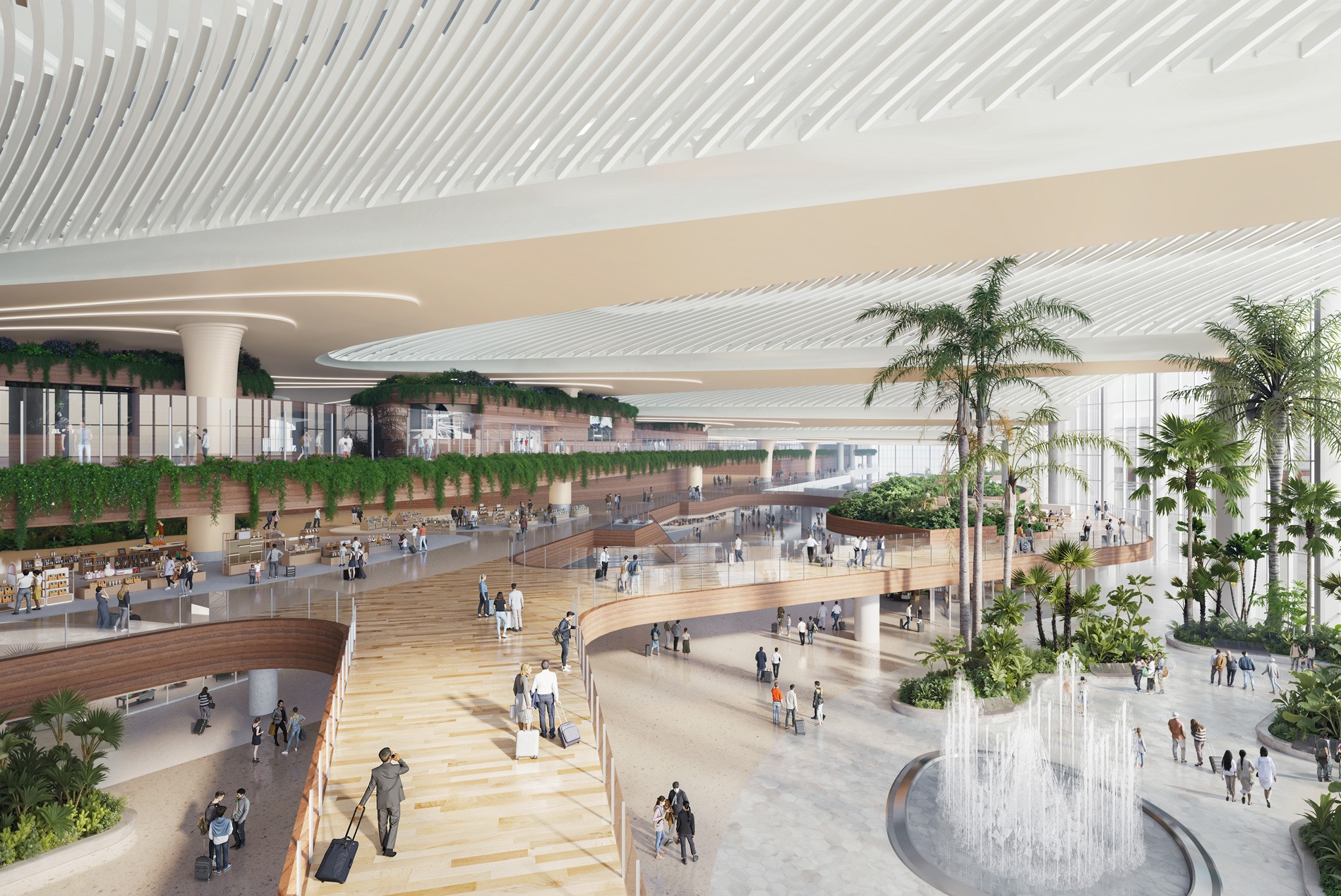 HOK-designed grand hall at Phu Quoc International Airport, with balconies, lush landscaping, water features and floor-to-ceiling windows