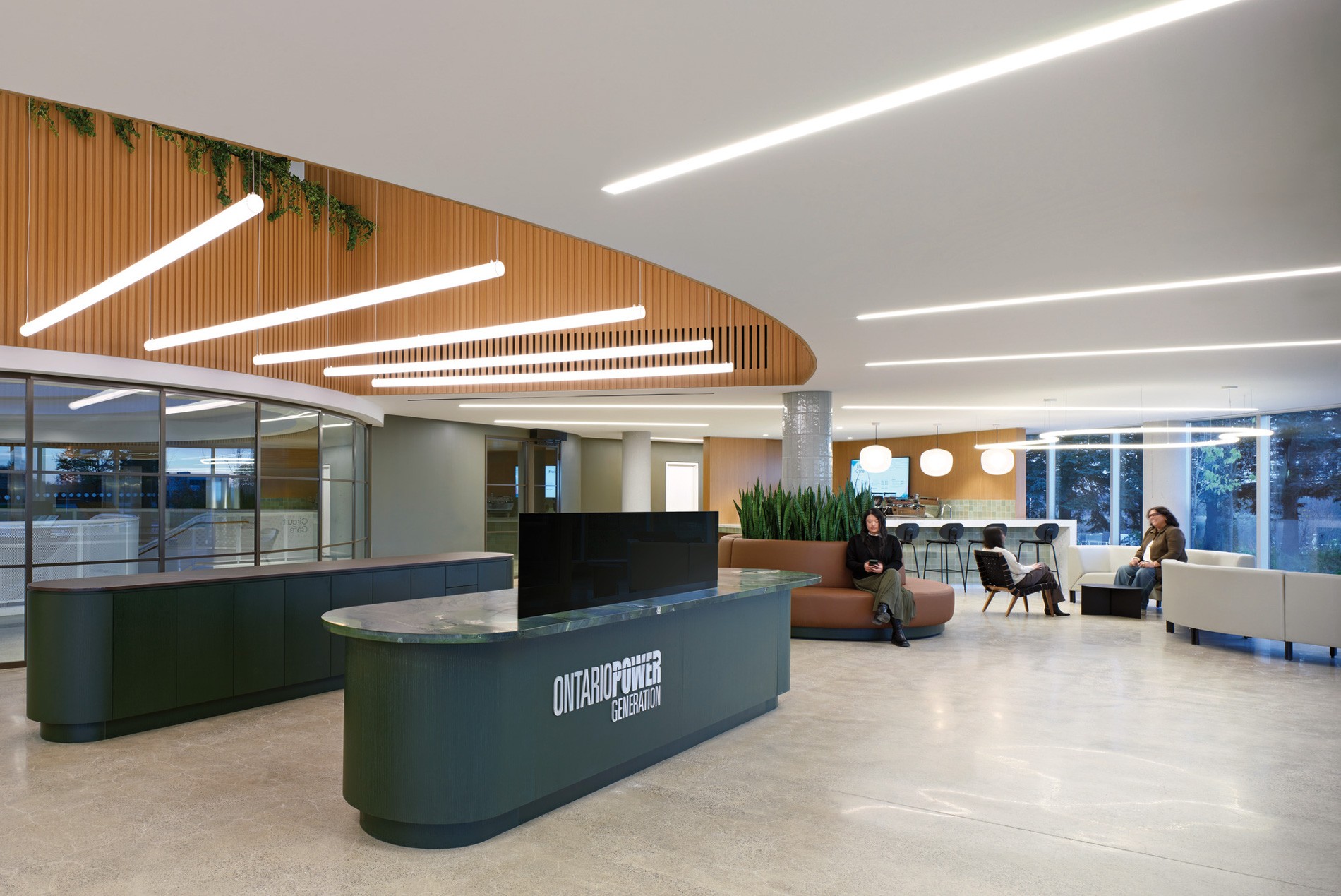 Reception desk and expressive lighting at HOK-designed Ontario Power Generation headquarters