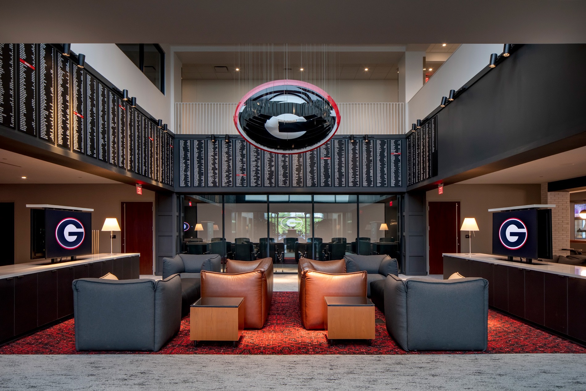 Lounge at the University of Georgia Butts-Mehre Heritage Hall football training facility expansion designed by HOK