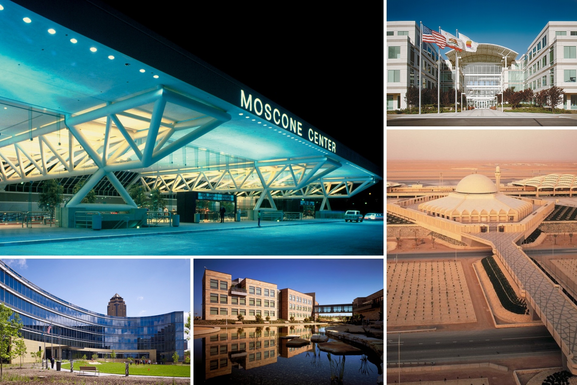 Collage of the Moscone Center in San Francisco, Apple's R&D campus in Cupertino, Khalid International Airport in Riyadh, the Biogen Idec Research and Development Campus in San Diego, and Wellmark Blue Cross and Blue Shield headquarters in Des Moines.