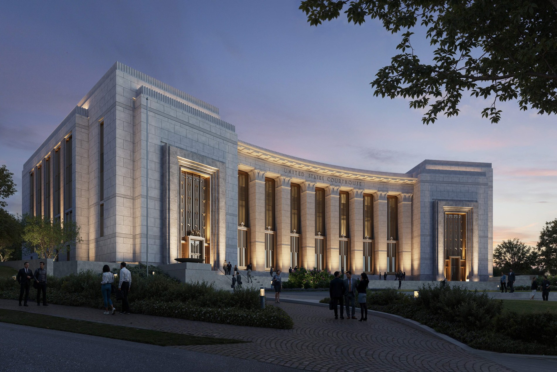 HOK-designed Chattanooga Courthouse at dusk for the U.S. General Services Administration