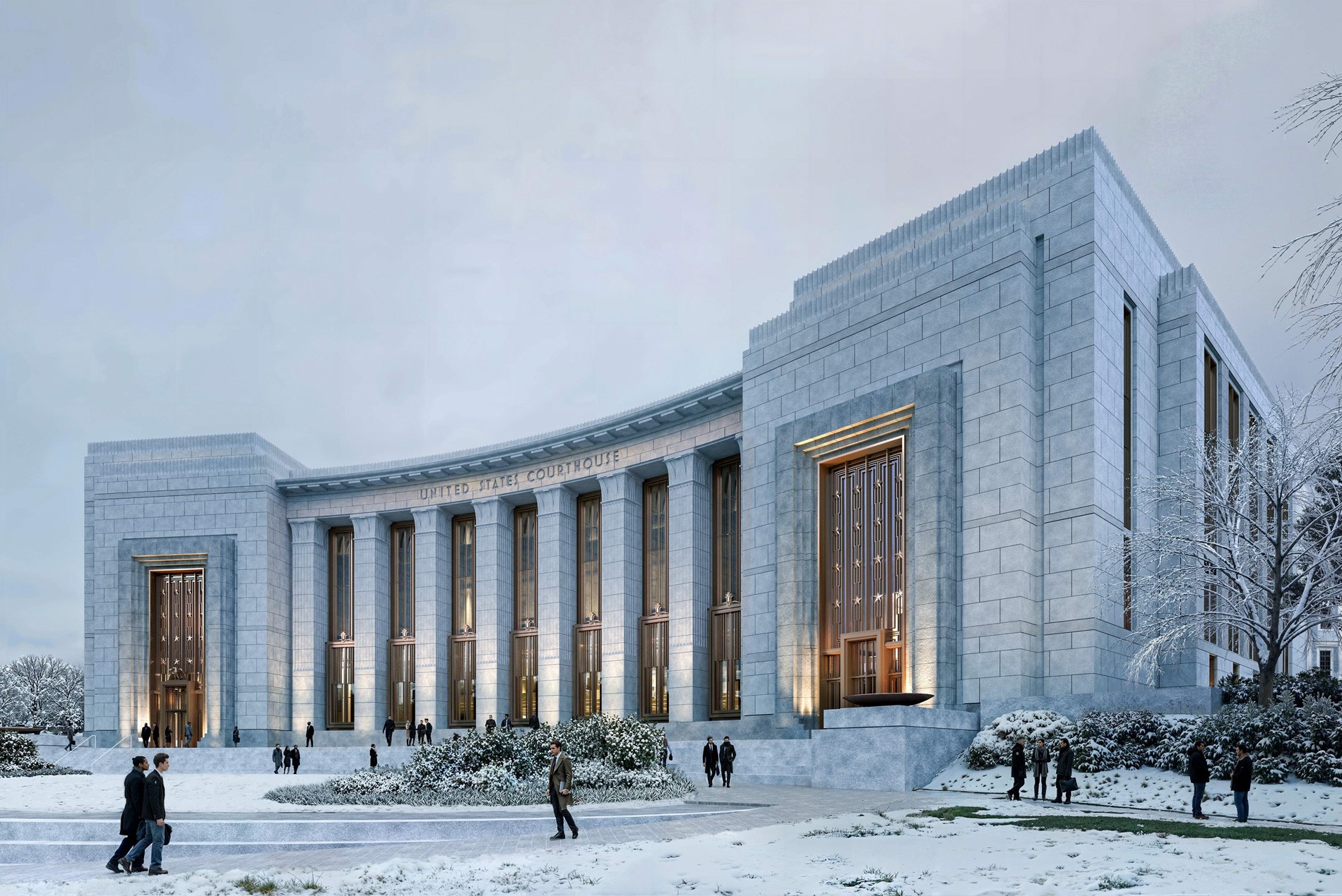 HOK-designed Chattanooga Courthouse in the wintertime with snow for the U.S. General Services Administration