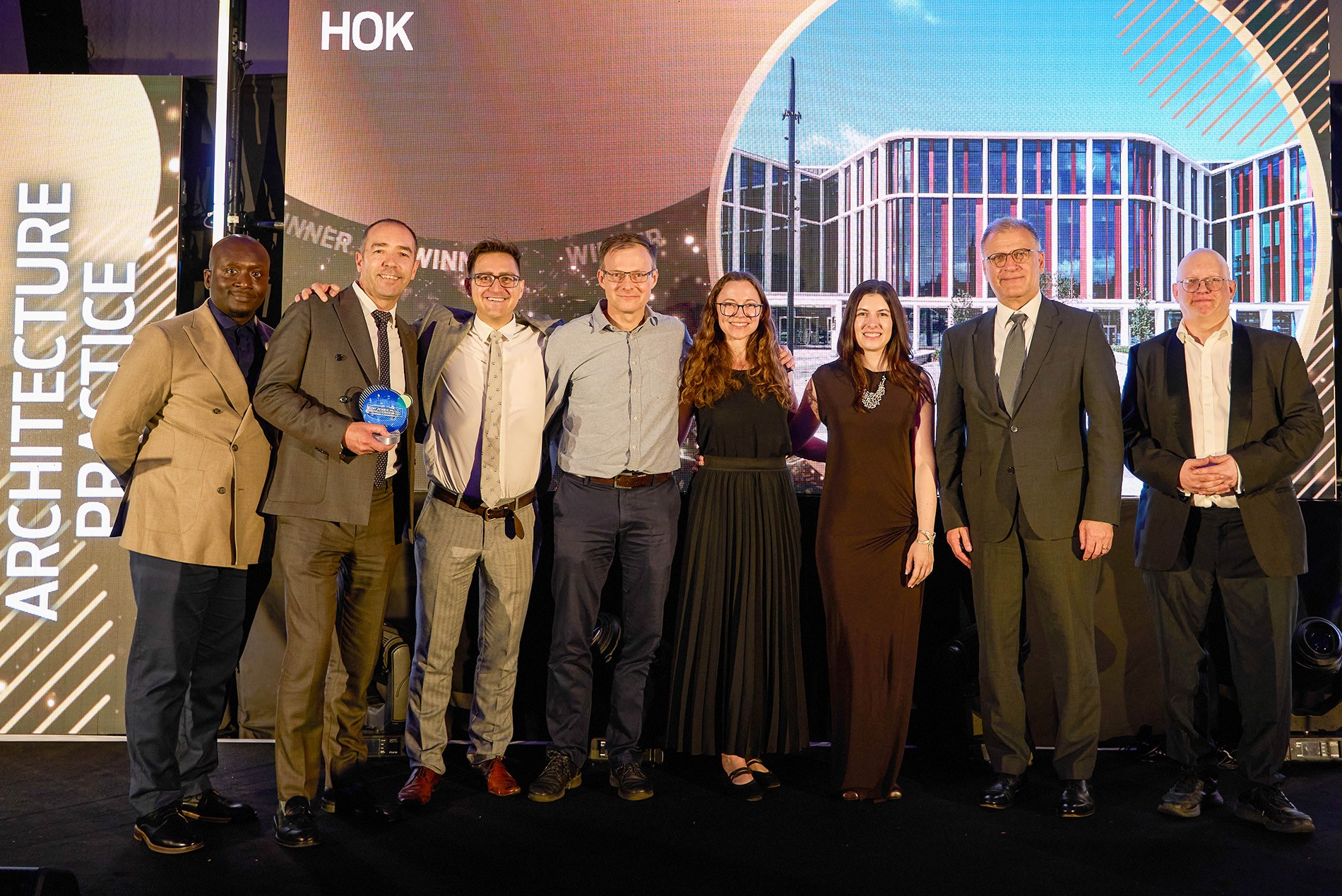 HOK team members celebrate the Best Architecture Practice award win for UK Life Sciences Awards in London