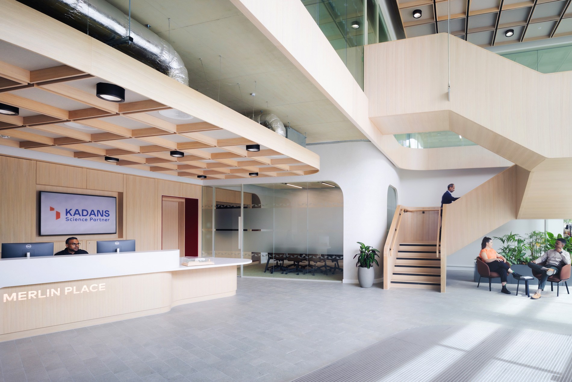 Lobby, reception and stairwell of HOK-designed Merlin Place flexible lab and office building in North Cambridge, UK