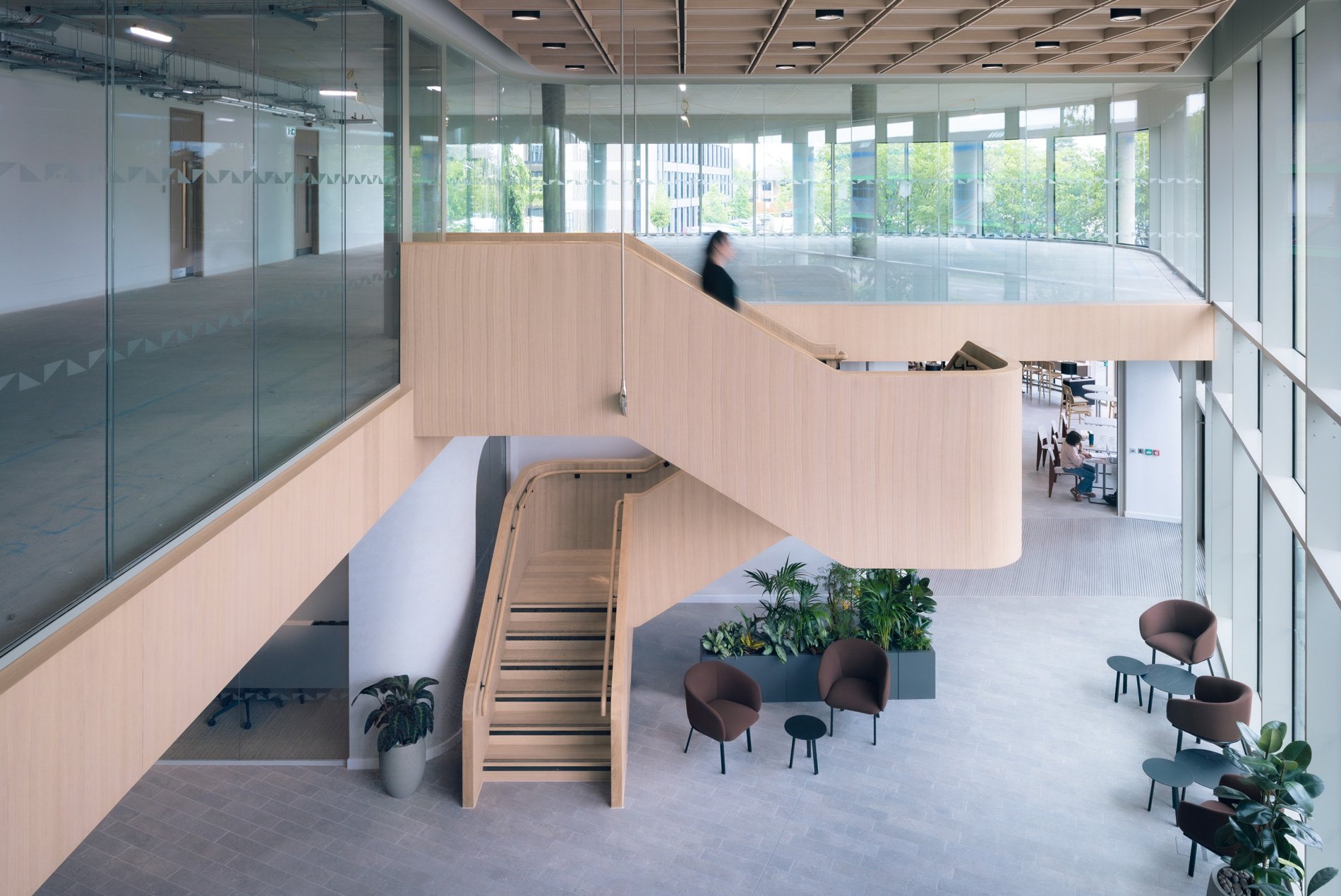 Interior stairwell of HOK-designed Merlin Place flexible lab and office building in North Cambridge, UK