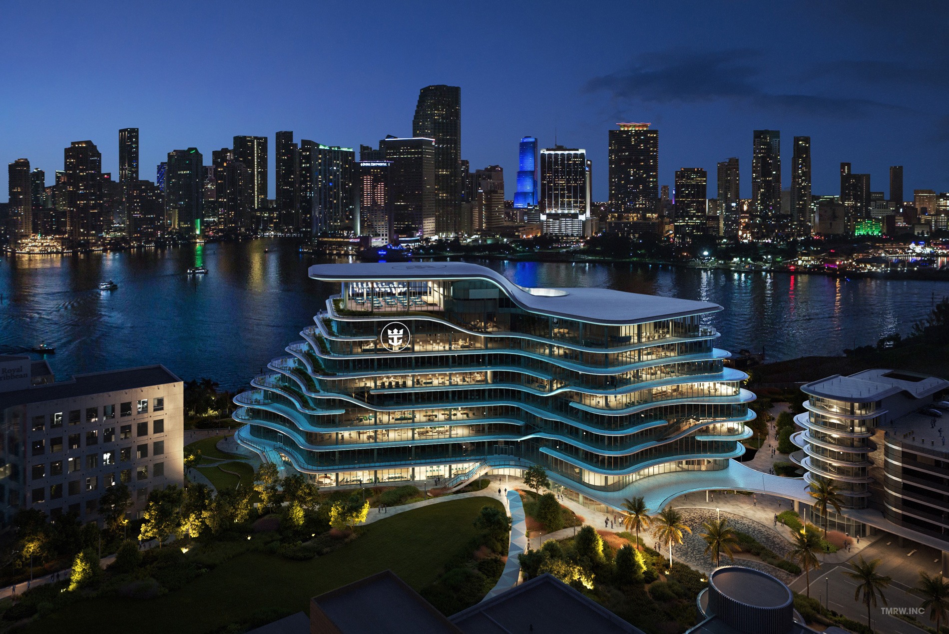 HOK-designed Royal Caribbean Group Headquarters in Miami aerial rendering exterior at night