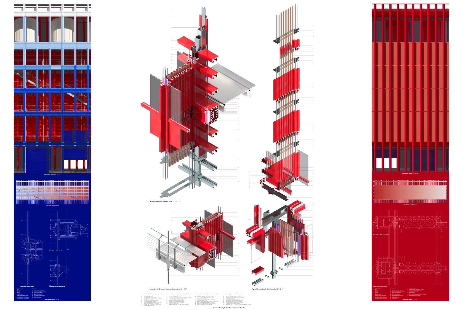 Student facade designs inspired by John Neary’s terra-cotta and stainless steel curtain wall research—terracotta compressive elements surrounding stainless steel tension rods—by Juinkye Chiang and A.J. Laucks