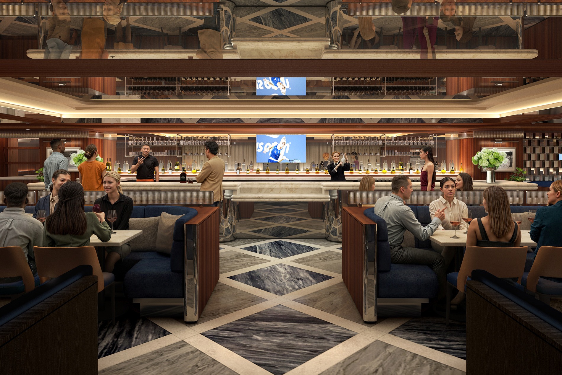 Rendering of the USTA Arthur Ashe Stadium renovation with the North Baseline Club premium hospitality upgrades