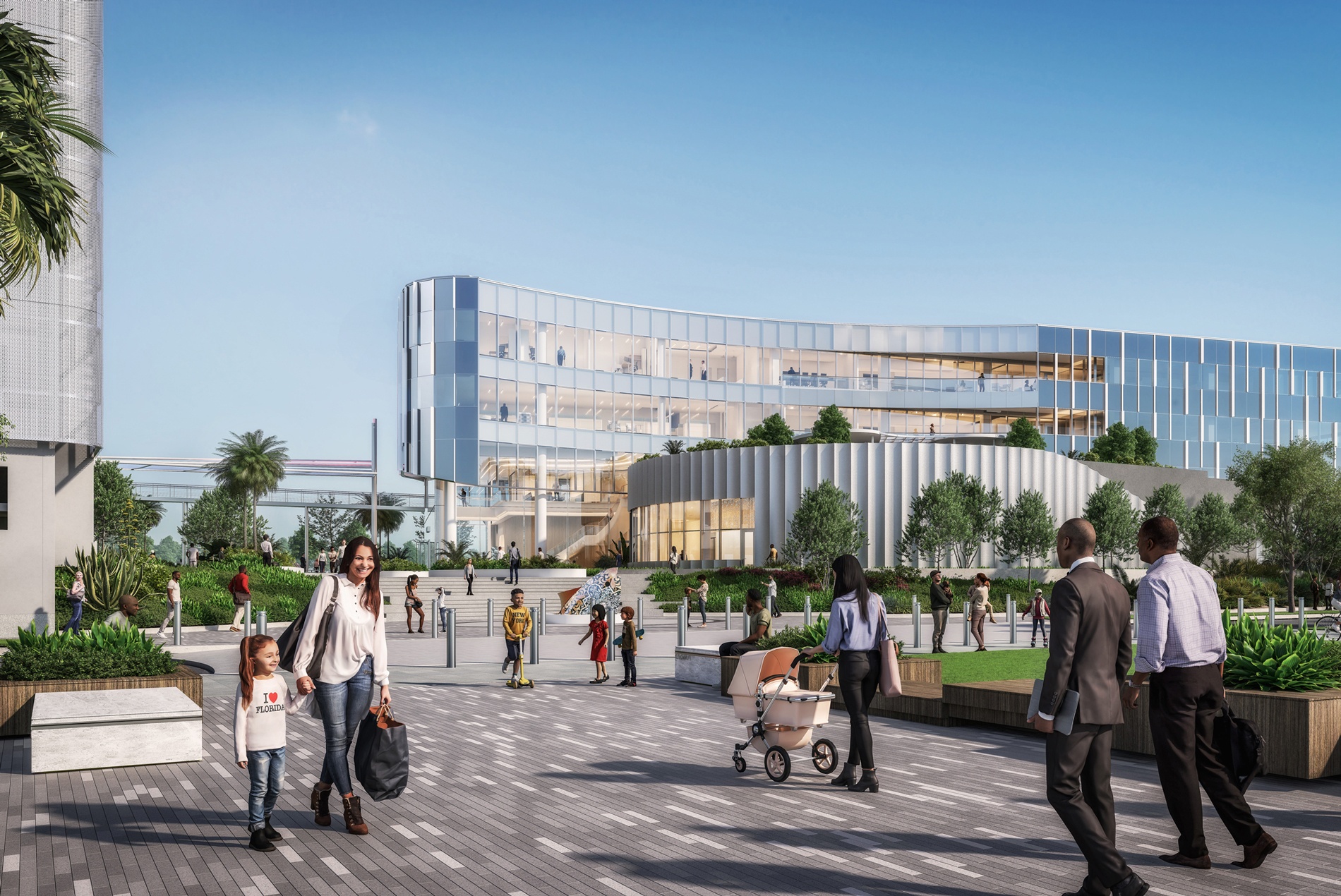 Exterior rendering of people on Pompano Beach Plaza outside of Pompano Beach City Hall, designed by HOK