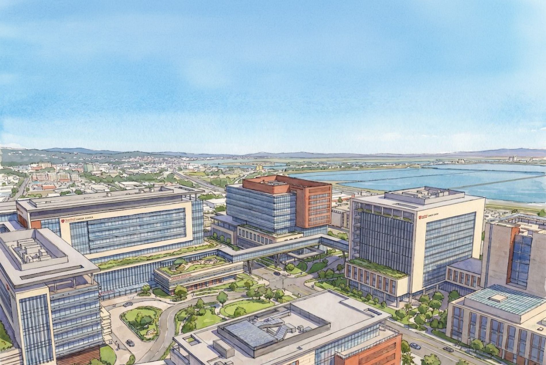 Rendering of HOK-designed Stanford Medicine cancer center in Redwood City