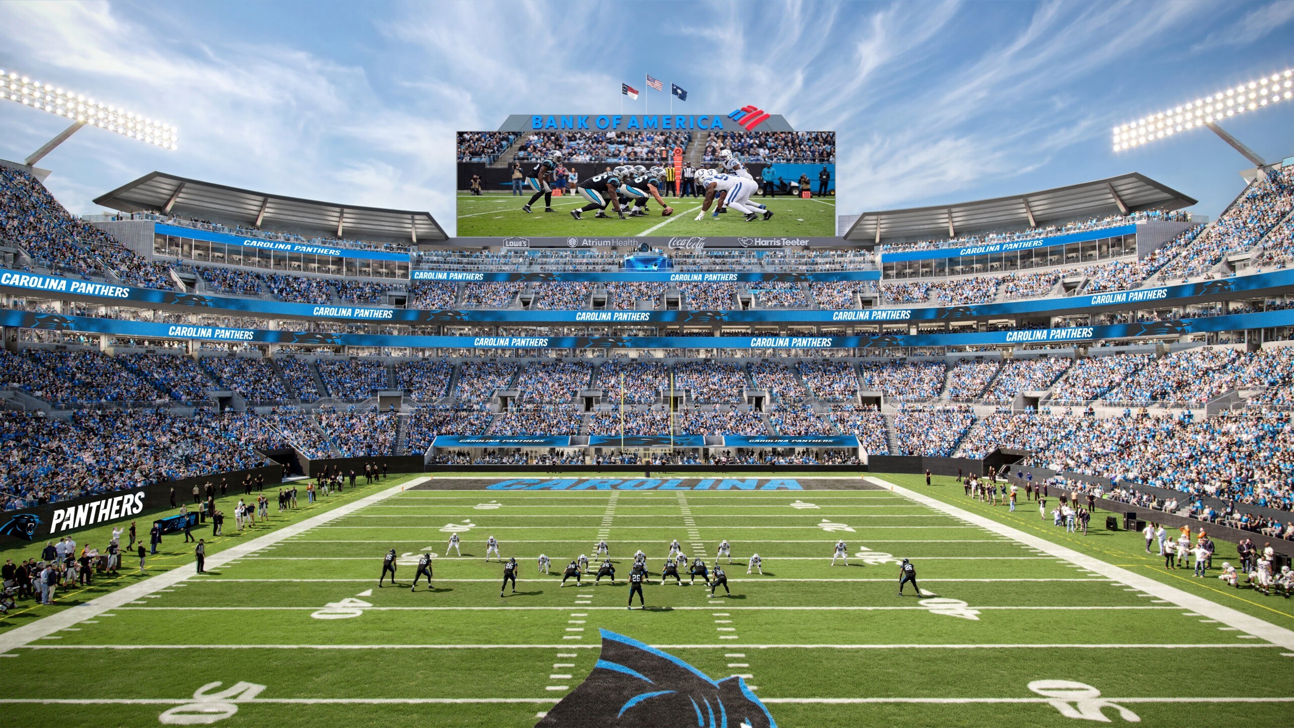 Field-level rendering of Bank of America Stadium's seating bowl and end zone, showing the new scoreboard and Carolina Panthers branding.