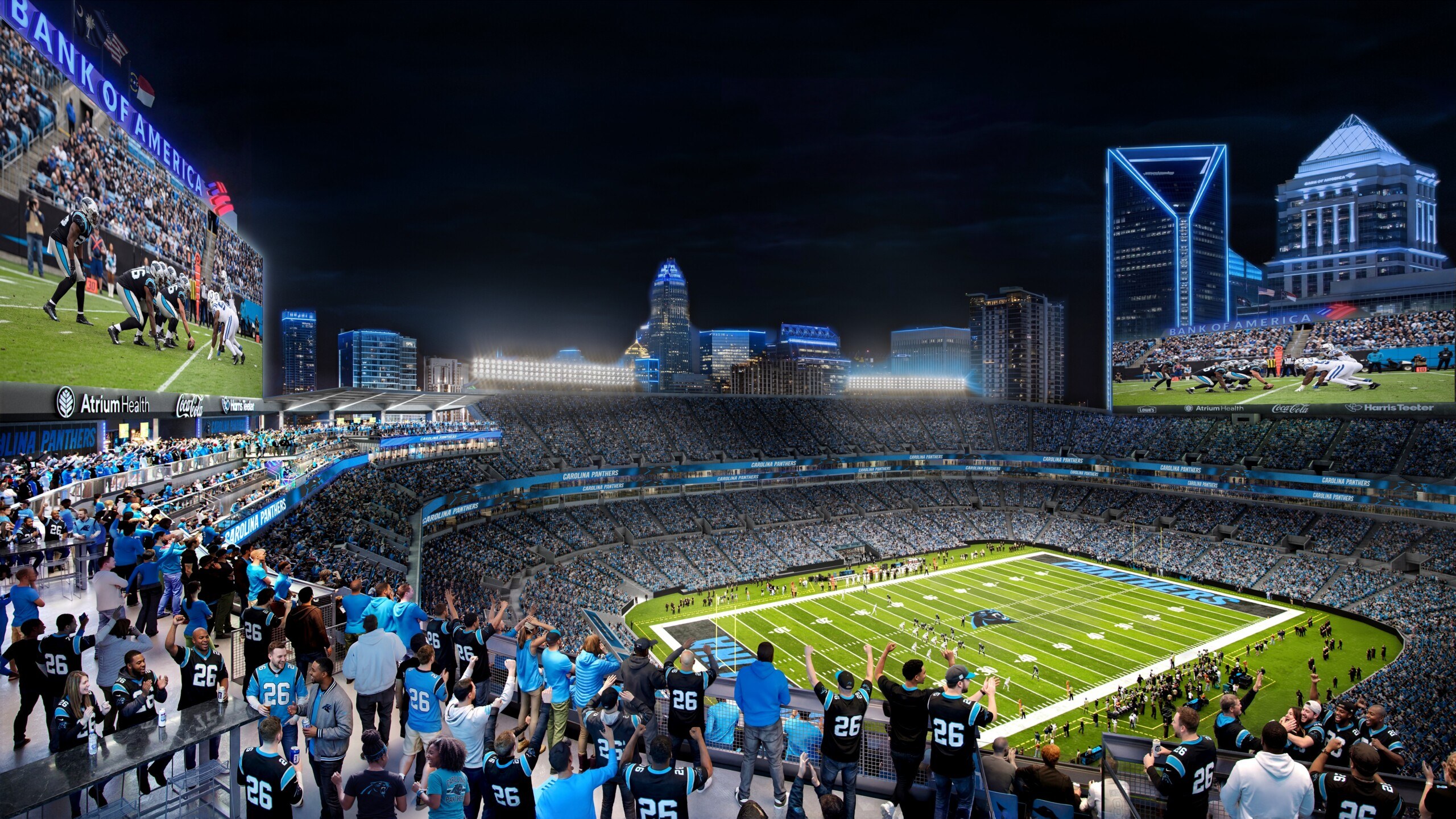 Fans cheer from Bank of America Stadium's new 500-level social patio at night, with sweeping views of the Uptown Charlotte skyline.