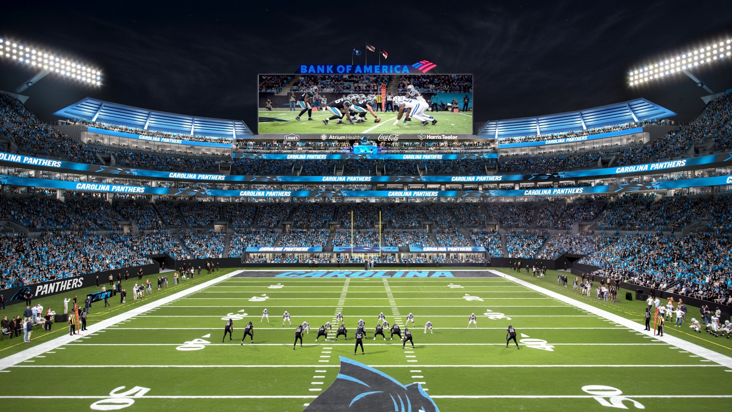 Night rendering of a Carolina Panthers game at Bank of America Stadium, with the new scoreboard and illuminated seating bowl.