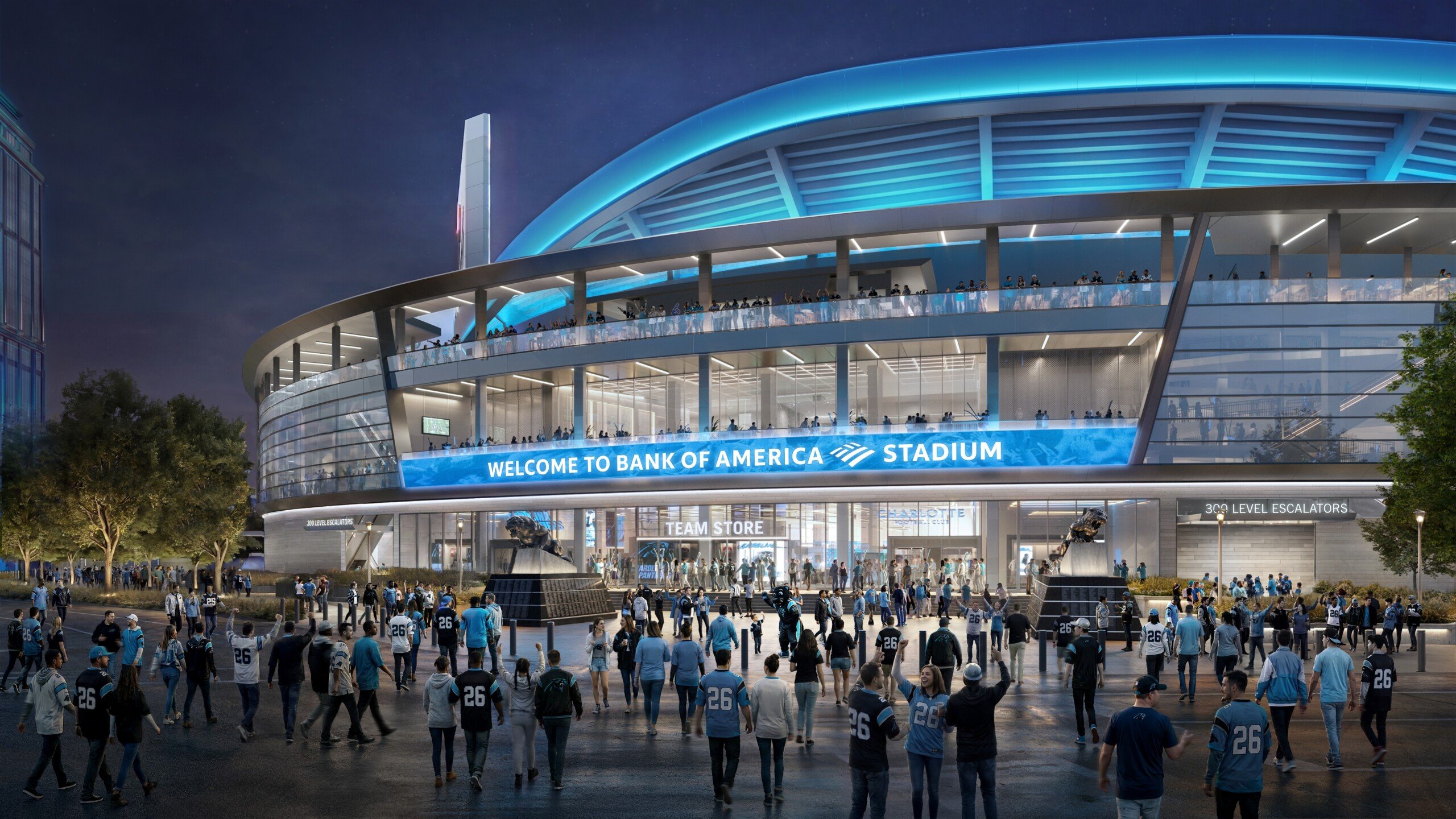 Night rendering of Bank of America Stadium's main entrance and illuminated crown, with fans arriving past the team store.