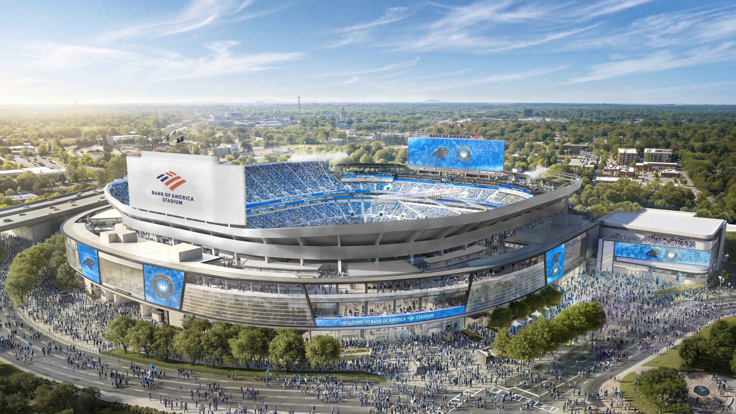 Aerial rendering of Bank of America Stadium during a Carolina Panthers game