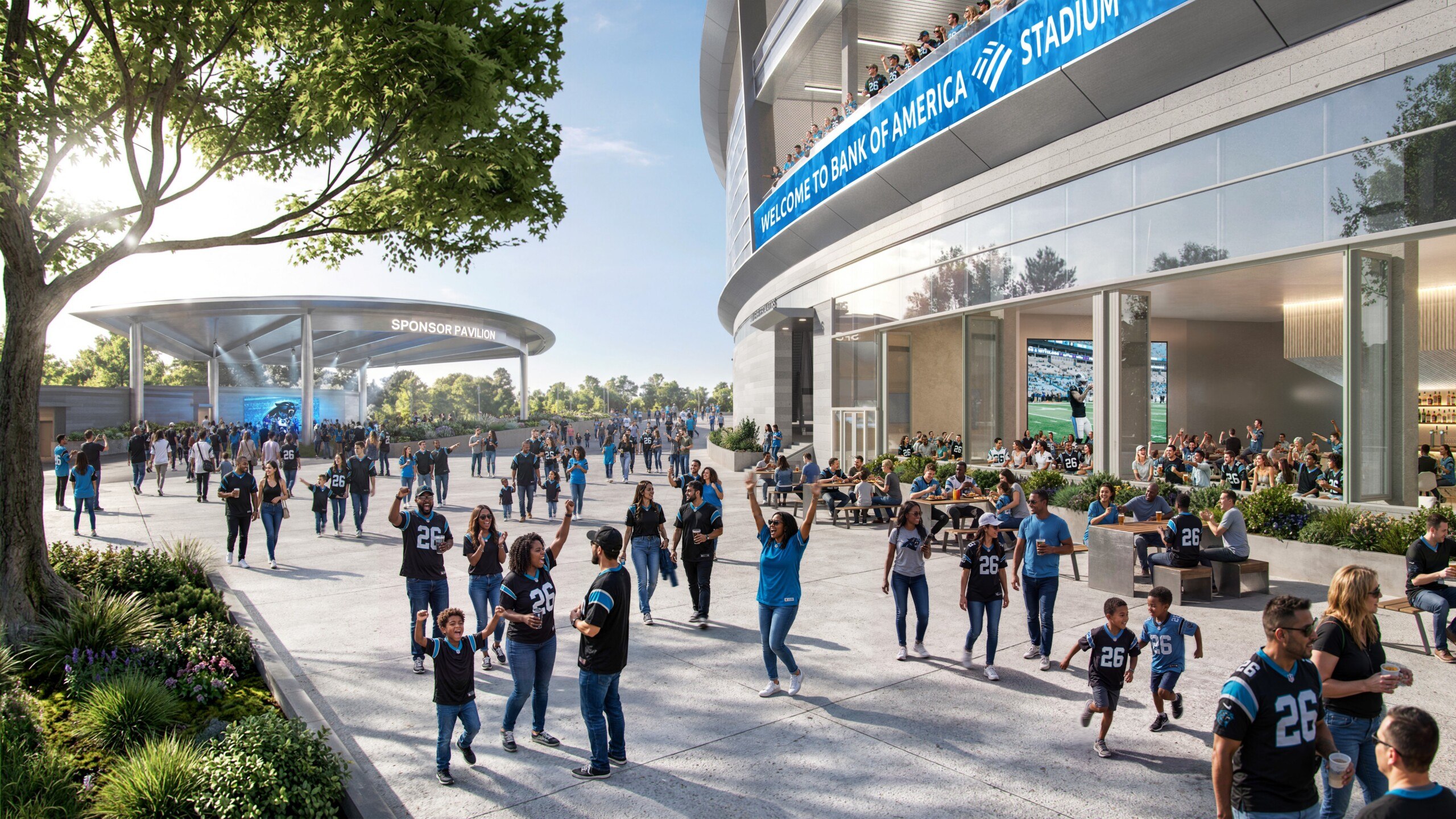 Fans gather at Bank of America Stadium's new entry plaza and sponsor pavilion on game day, with indoor-outdoor gathering spaces alongside.