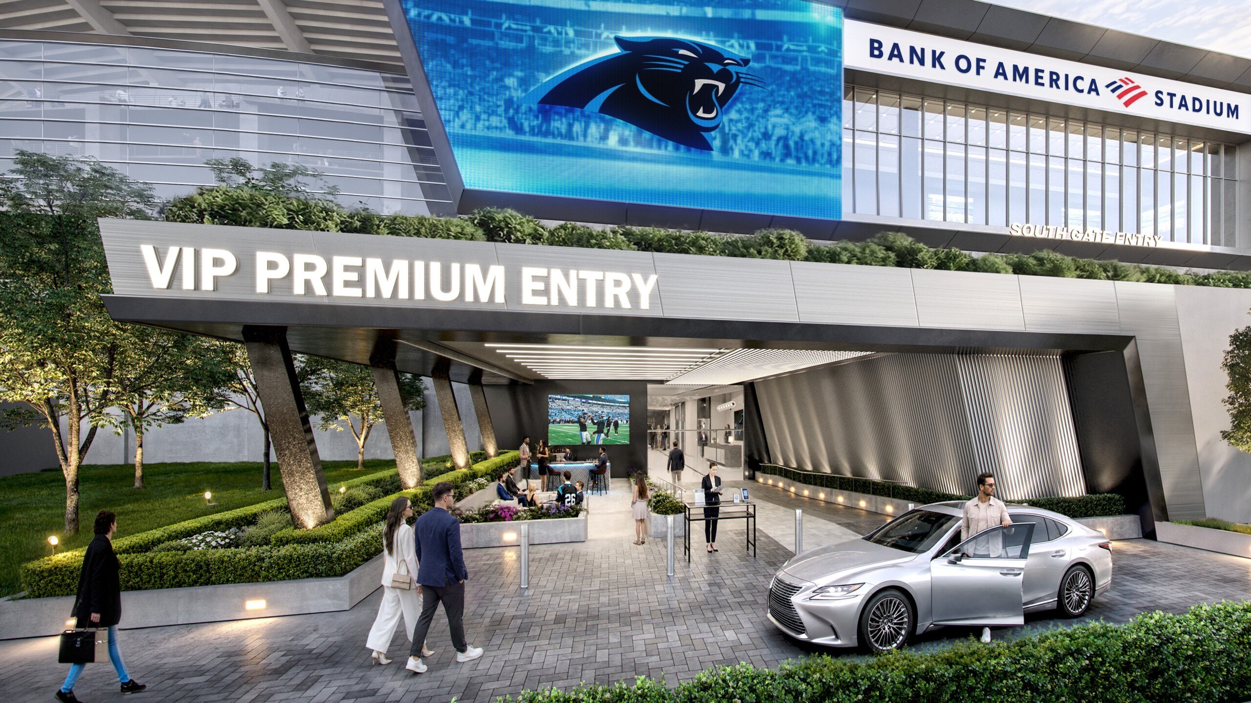 Rendering of Bank of America Stadium's new VIP premium entry, with landscaped drop-off and guests arriving on game day.