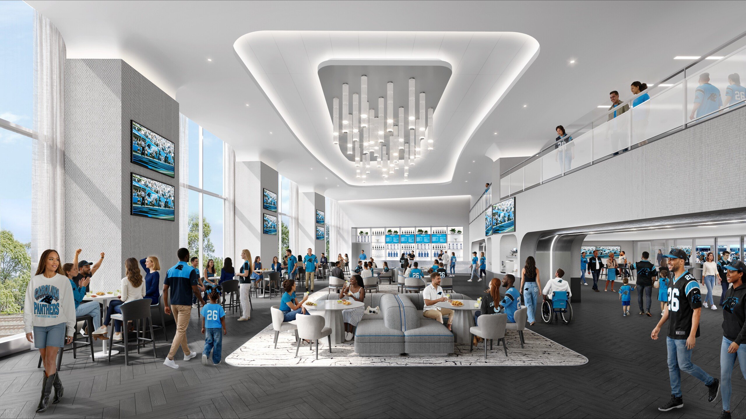 Rendering of a new premium club at Bank of America Stadium, with lounge seating, a full bar and fans gathering on game day.