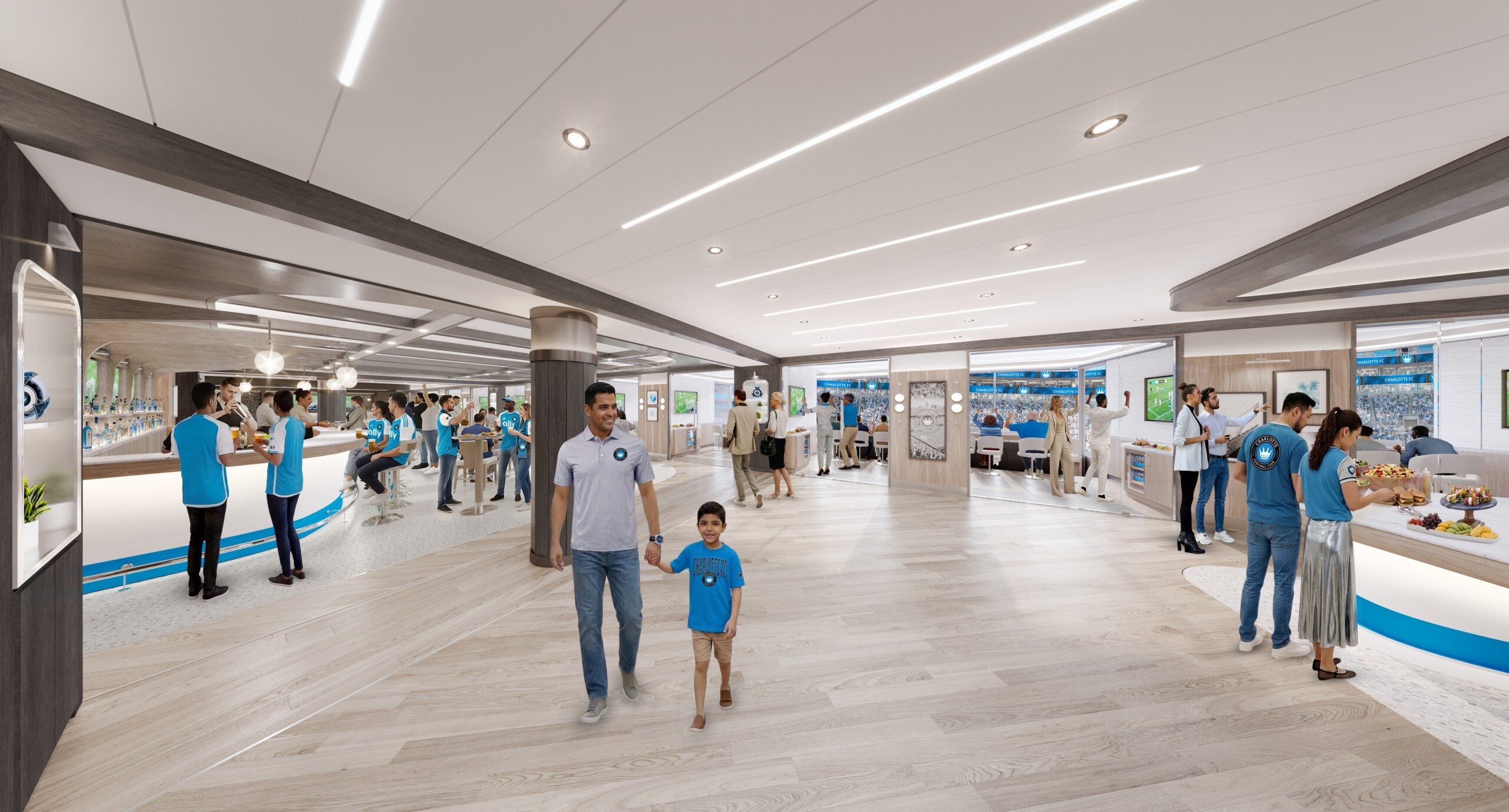 Carolina Panthers premium club at Bank of America Stadium, with concessions and lounge seating on game day. 