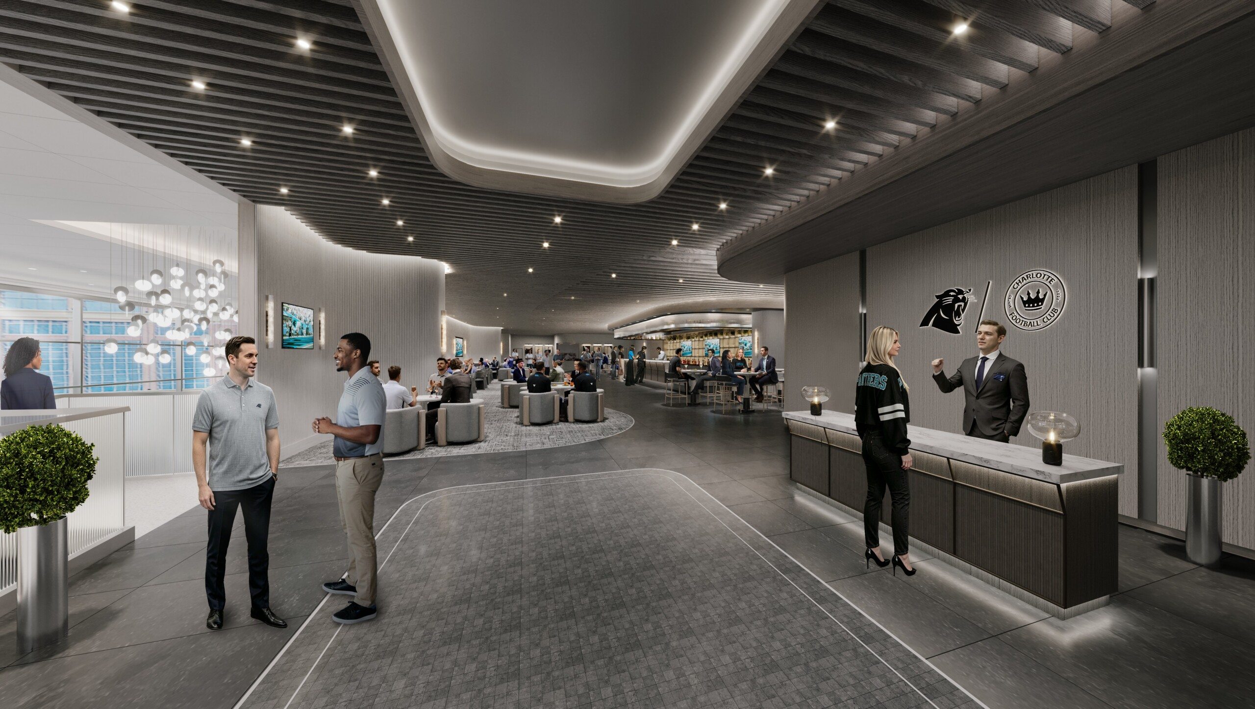 Rendering of a new premium club interior at Bank of America Stadium, with concierge desk, lounge seating and Panthers and Charlotte Panthers branding.