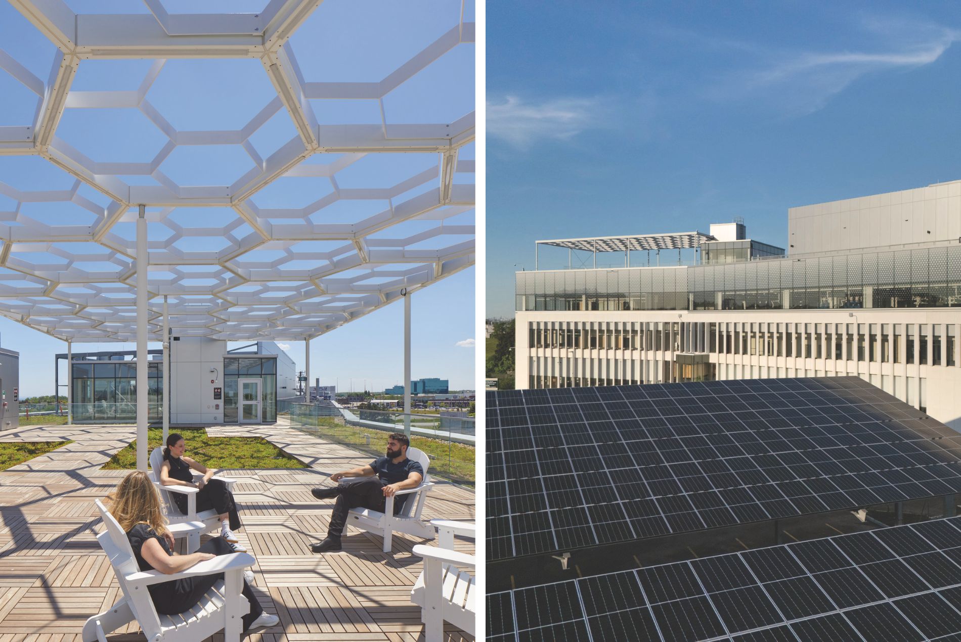 Labs Canada’s Advanced Materials Research Facility rooftop terrace and solar panel carports, designed by HOK